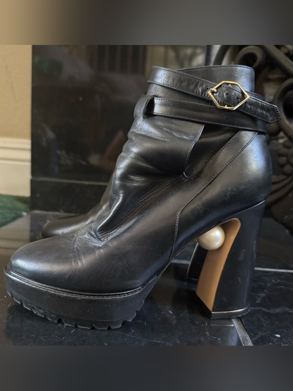 Nicholas Kirkwood Black Leather Ankle Boot with Gold Buckle - Picture 2 of 3